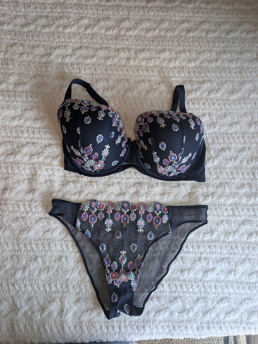 Victoria's Secret Floral Embroidered Navy Blue Lingerie Set - Women Intimates